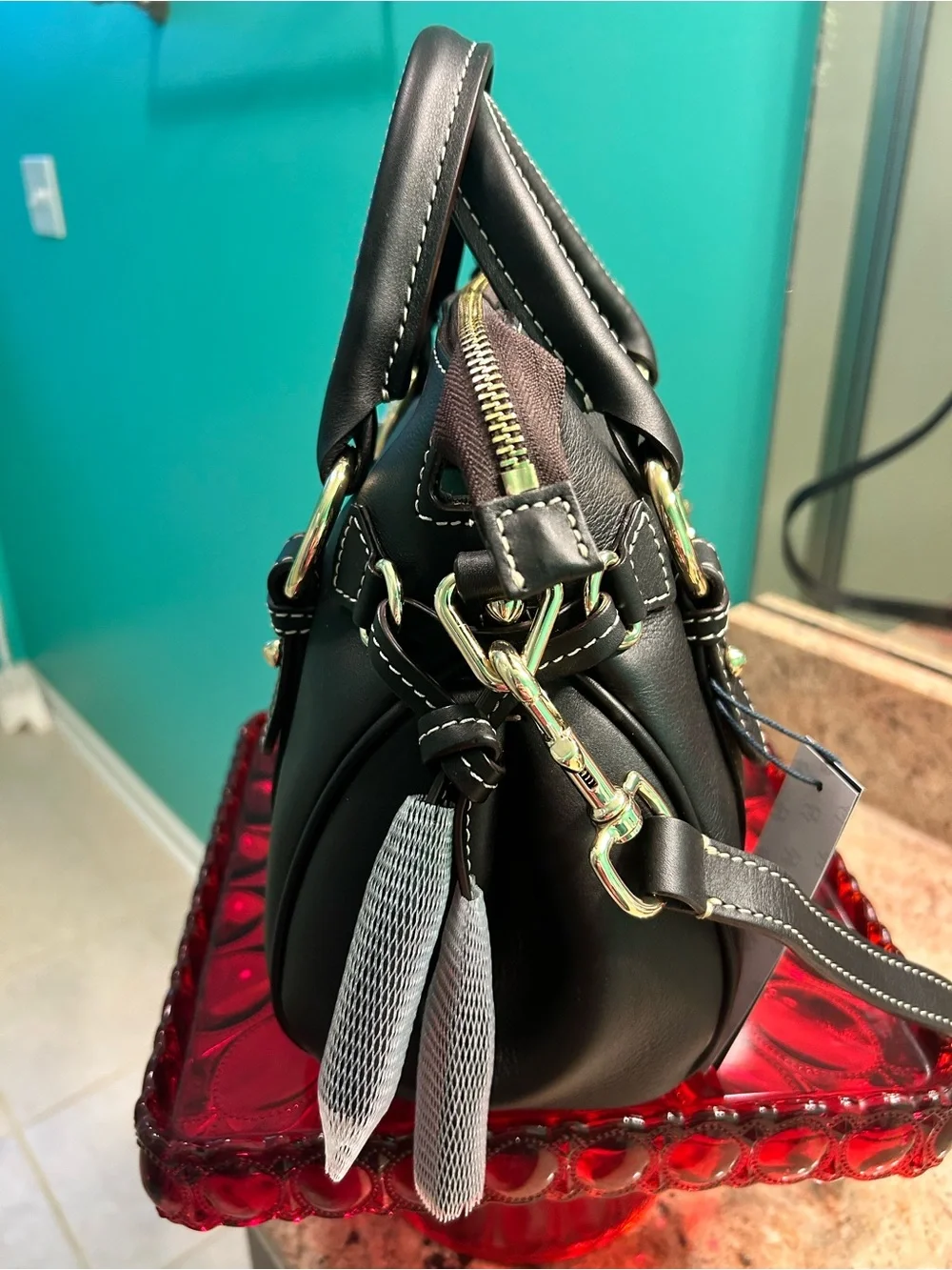 Dooney & Bourke Black Leather Satchel with Gold Hardware